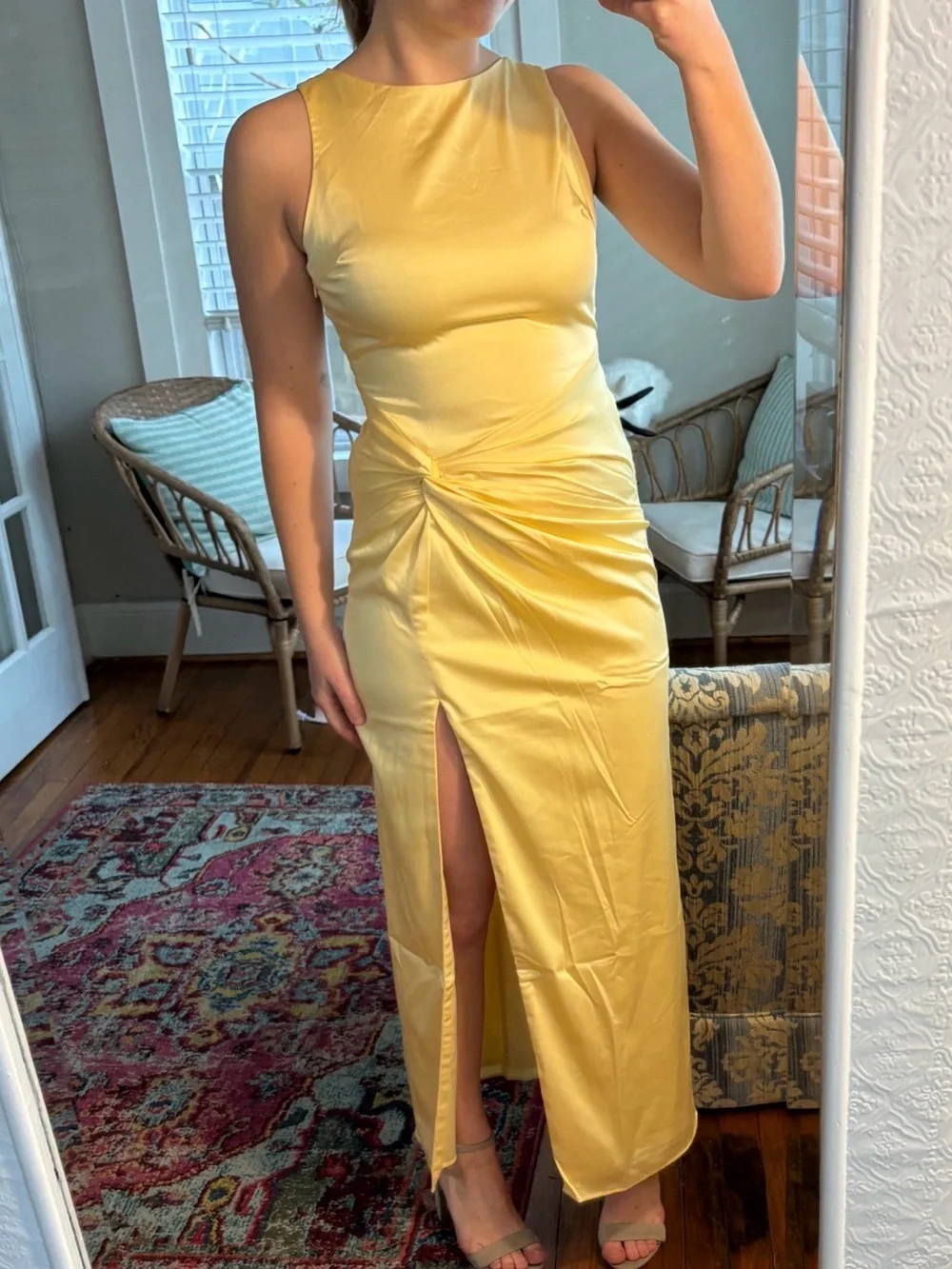 Abercrombie & Fitch Yellow Satin Twist-Front Maxi Dress